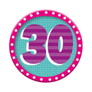 Six small Tiger Feet birthday badges with the number 30, featuring colorful designs for celebration and fun.