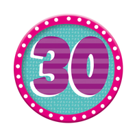 Six small Tiger Feet birthday badges with the number 30, featuring colorful designs for celebration and fun.
