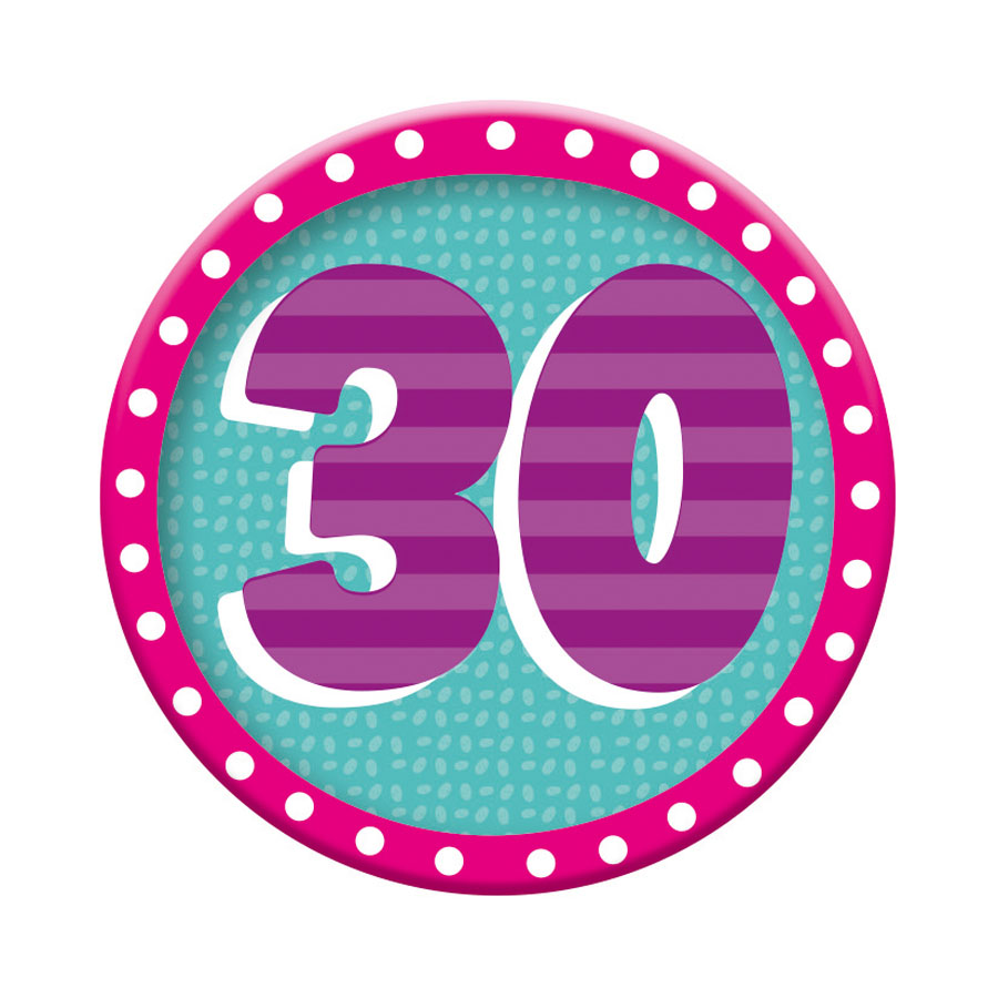 Six small Tiger Feet birthday badges with the number 30, featuring colorful designs for celebration and fun.