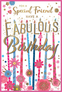 Six Simon Elvin C75 Birthday Special Friend cards featuring colorful designs and heartfelt messages for friends.