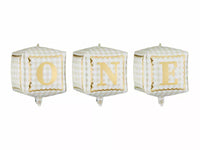 PartyDeco 3-piece foil balloon set with three 13-inch cube-shaped metallic balloons for celebration and decoration.