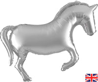 Oaktree Metallic Silver 35-inch foil horse balloon floating against a white background.