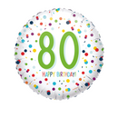 Anagram 80th birthday confetti foil balloon, 18-inch celebration balloon with colorful confetti design on shiny foil surface.