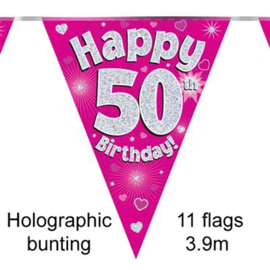 Bunting 11 Flags Pink Holographic Birthday Age 50