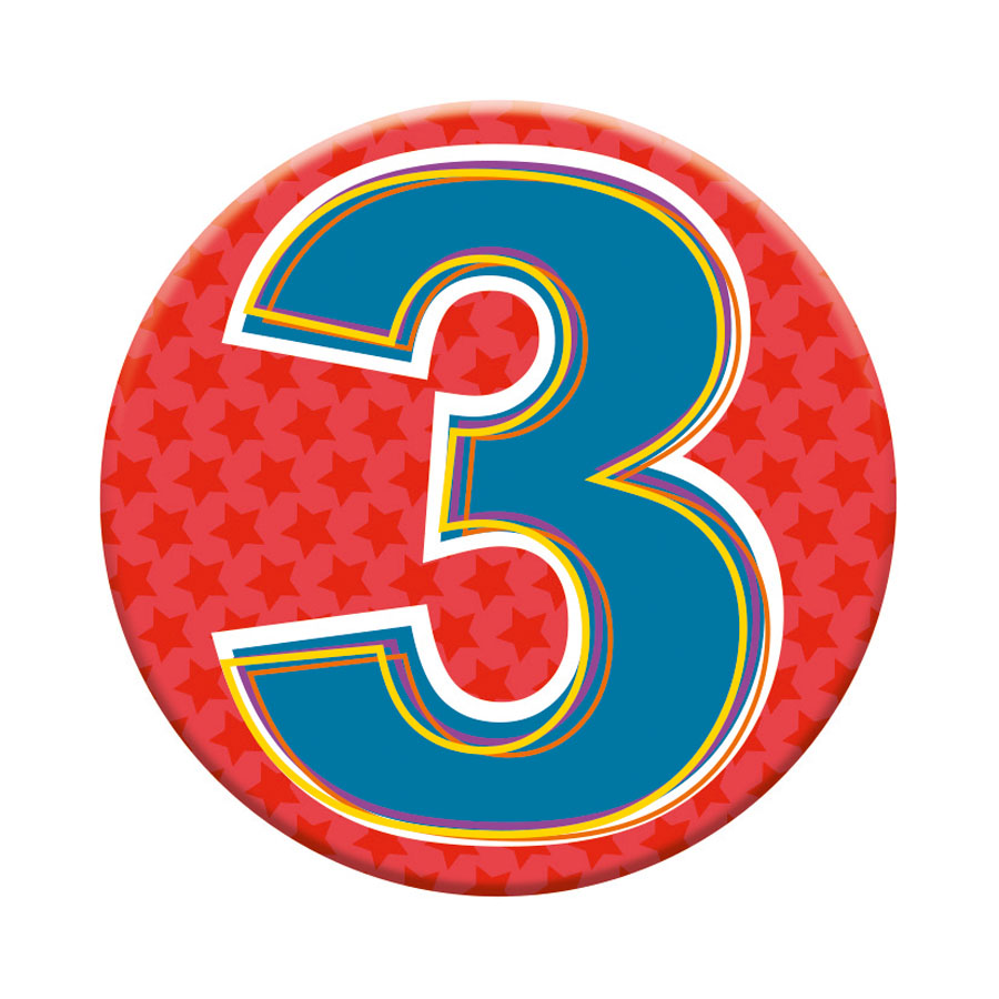 Six small birthday badges featuring age 3, colorful design by Tiger Feet, perfect for celebrating a child's third birthday.