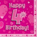 4th Birthday Pink 3-ply Napkins 33x33cm 16pk