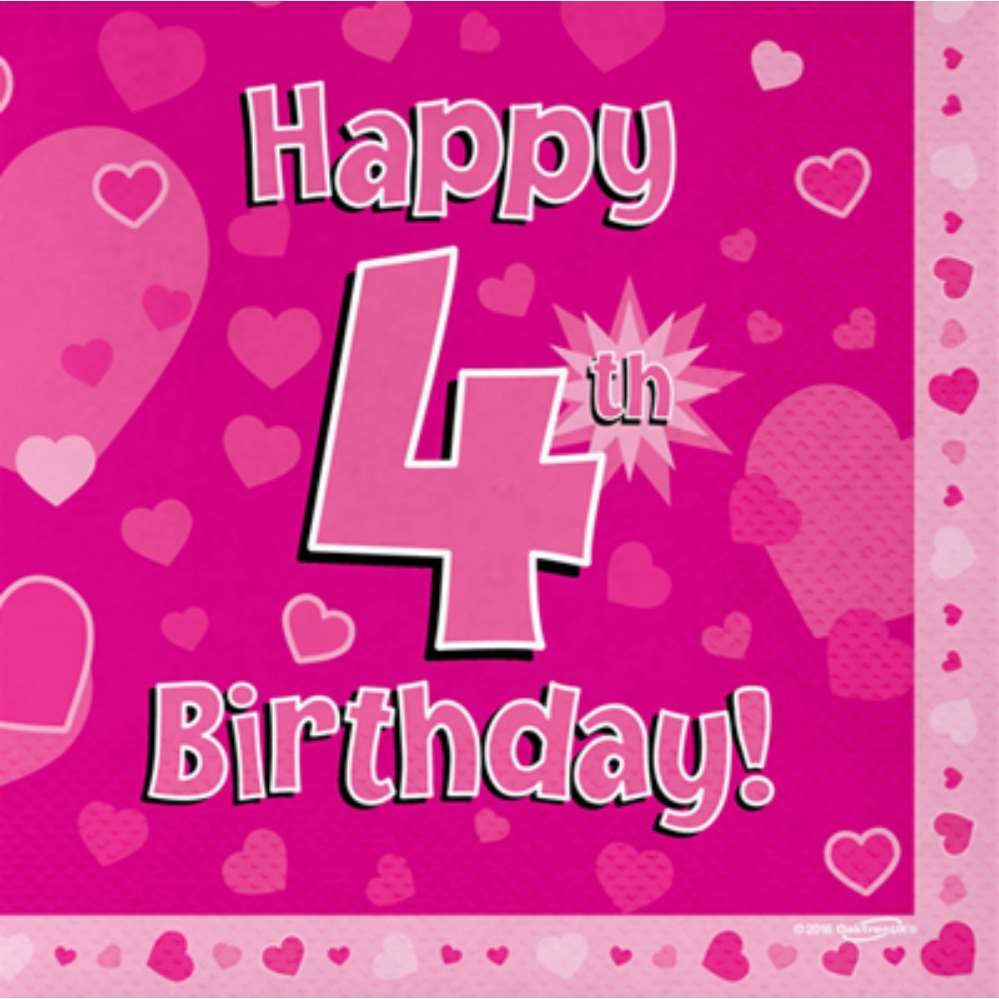4th Birthday Pink 3-ply Napkins 33x33cm 16pk