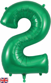 Oaktree green foil balloon shaped as number 2, 34 inches tall, with shiny metallic finish and festive appearance.