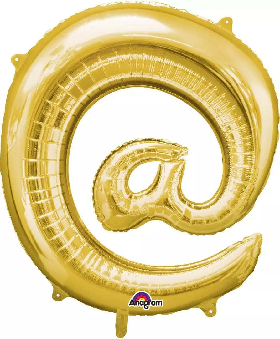Gold 34-inch Anagram foil balloon shaped like an at sign (@) with shiny metallic surface for celebrations and events.