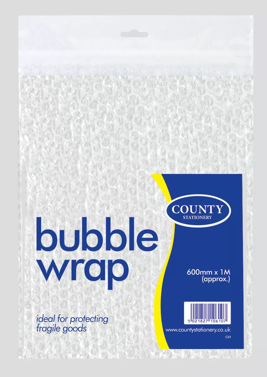 County Stationery bubble wrap sheet, 600mm x 1m, with air-filled bubbles for packaging and cushioning.