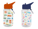 Two 400ml drink bottles featuring cars, space, and dinosaur designs from Gem Imports, made of durable plastic.