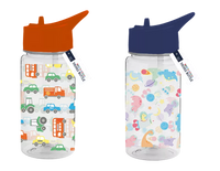 Two 400ml drink bottles featuring cars, space, and dinosaur designs from Gem Imports, made of durable plastic.