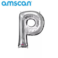 Silver 16-inch Anagram foil balloon in the shape of the letter P, with shiny metallic surface and printed brand logo.
