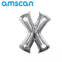 Silver 16-inch Anagram foil balloon in the shape of the letter X, shiny metallic finish, perfect for celebrations and decorations.