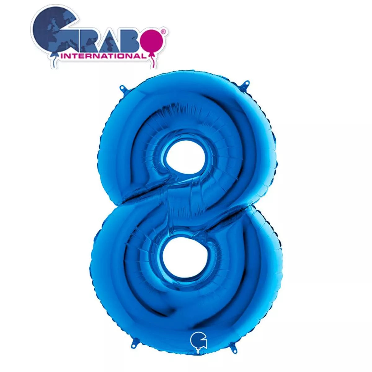 Blue Grabo foil balloon shaped as the number 8, measuring 40 inches, suitable for birthday or celebration decorations.