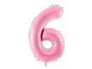 Pink PartyDeco foil balloon shaped as the number 6, 34 inches tall, suitable for celebrations and party decorations.