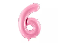Pink PartyDeco foil balloon shaped as the number 6, 34 inches tall, suitable for celebrations and party decorations.