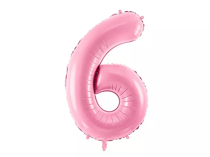 Pink PartyDeco foil balloon shaped as the number 6, 34 inches tall, suitable for celebrations and party decorations.