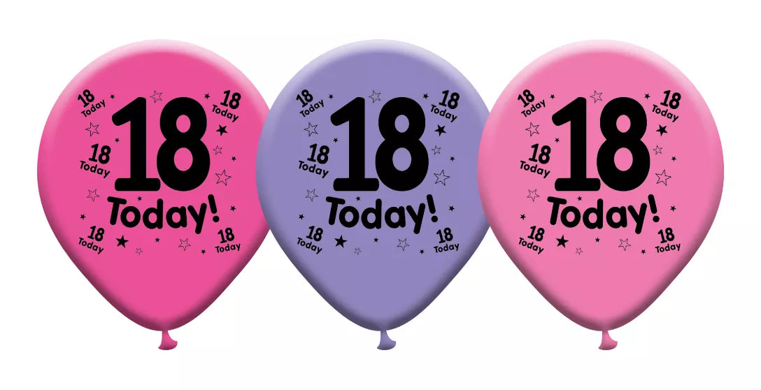 Pink and purple 10-inch latex printed balloons in a 6-pack, suitable for celebrations, with "Age 18" printed on each balloon.