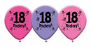 Pink and purple 10-inch latex printed balloons in a 6-pack, suitable for celebrations, with "Age 18" printed on each balloon.