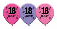 Pink and purple 10-inch latex printed balloons in a 6-pack, suitable for celebrations, with "Age 18" printed on each balloon.