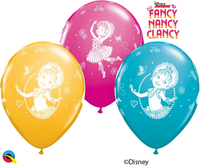 Set of 25 Qualatex printed latex balloons featuring Disney Dancy Nancy Clancy characters, 11-inch size for party decor.