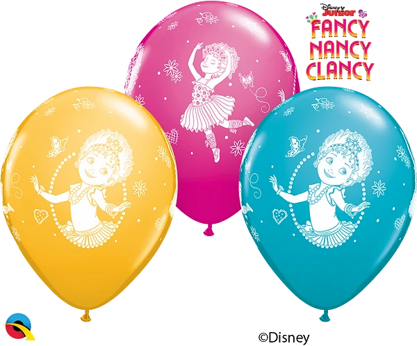 Set of 25 Qualatex printed latex balloons featuring Disney Dancy Nancy Clancy characters, 11-inch size for party decor.