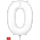 Oaktree white foil balloon shaped as the number zero, 34 inches tall, shiny and reflective surface for celebration decorations.