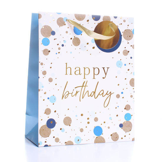 Gift Bag Birthday Blue/Gold Dots Large 6pk