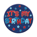 Six small birthday-themed badges by Tiger Feet featuring open designs, perfect for celebrations and party accessories.