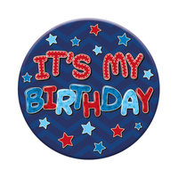 Six small birthday-themed badges by Tiger Feet featuring open designs, perfect for celebrations and party accessories.