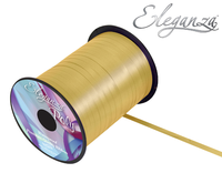 Gold Eleganza Ribbon 5mm wide, 500 yards long, used for balloon decorations, with a shiny satin finish and elegant appearance.
