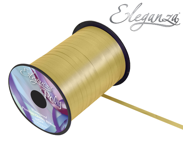 Gold Eleganza Ribbon 5mm wide, 500 yards long, used for balloon decorations, with a shiny satin finish and elegant appearance.