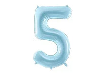 PartyDeco blue foil balloon shaped as the number 5, 34 inches tall, perfect for celebrations and birthday decorations.