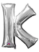 Silver 34-inch Anagram foil balloon shaped as the letter K, shiny metallic finish, perfect for celebrations and party decor.