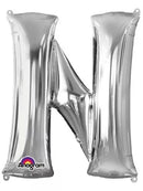 Silver 34-inch Anagram foil balloon in the shape of the letter N, perfect for celebrations and party decorations.