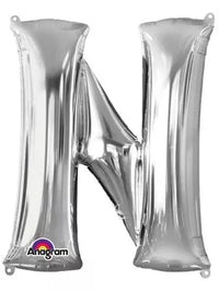 Silver 34-inch Anagram foil balloon in the shape of the letter N, perfect for celebrations and party decorations.
