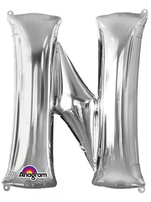 Silver 34-inch Anagram foil balloon in the shape of the letter N, perfect for celebrations and party decorations.