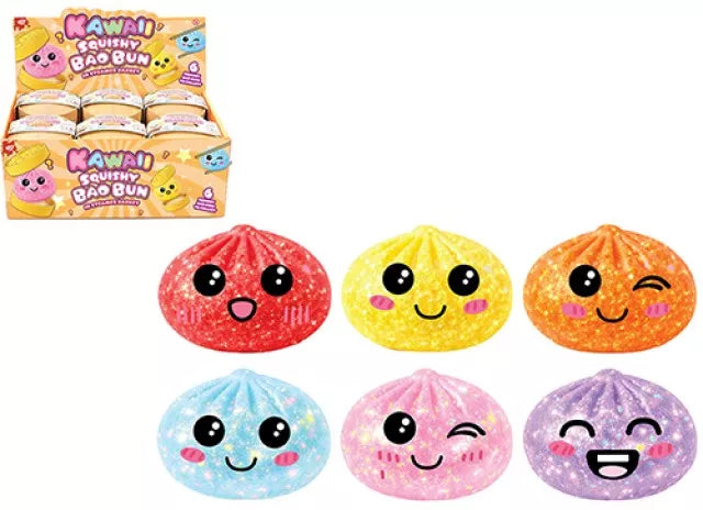 Set of 24 kawaii bao bun toys in glitter finish, each 5.5cm tall, from PMS International, displayed in a basket.