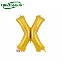 Gold Oaktree foil letter X balloon, 34 inches tall, with shiny metallic finish and classic letter shape.