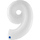 Shiny white 40-inch Grabo foil number 9 balloon with reflective surface, ideal for celebrations and special events.