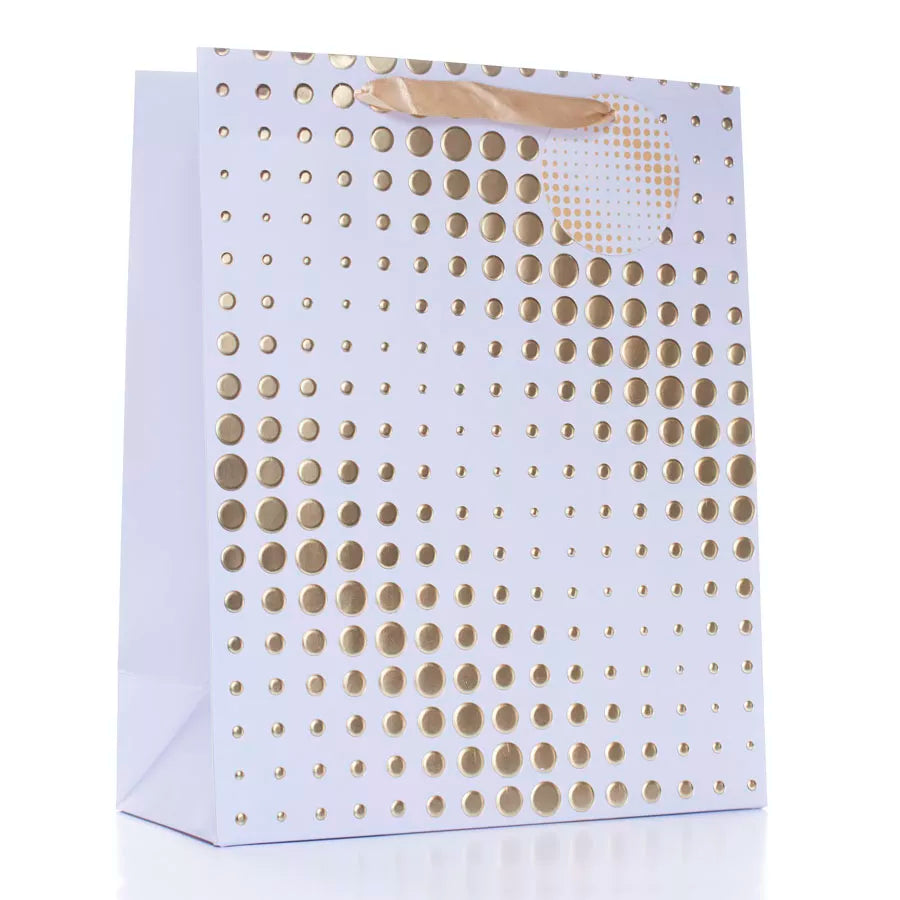Six large light blue gift bags with gold spots by Tulip, perfect for special occasions and gift wrapping.