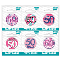 Six small Tiger Feet birthday badges featuring the number 50, ideal for celebrating milestone age events.