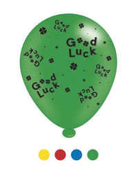 Eight 10-inch APAC latex printed balloons with "Good Luck" messages in assorted colors and designs.