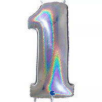 Silver foil balloon shaped as the number 1 with holographic glitter design by Grabo, 40 inches tall.