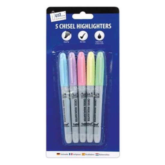 5 Highlighters Chisel Tip Pastel