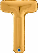 Gold 26-inch Grabo foil letter T balloon, shiny metallic surface, inflated for celebration or event decoration.