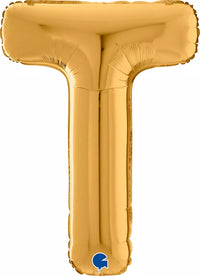 Gold 26-inch Grabo foil letter T balloon, shiny metallic surface, inflated for celebration or event decoration.