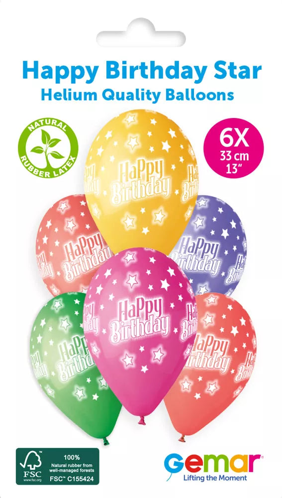 Six Gemar 13-inch printed latex balloons with colorful star designs, perfect for birthday celebrations.
