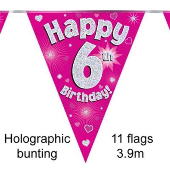 Bunting 11 Flags Pink Holographic Birthday Age 6